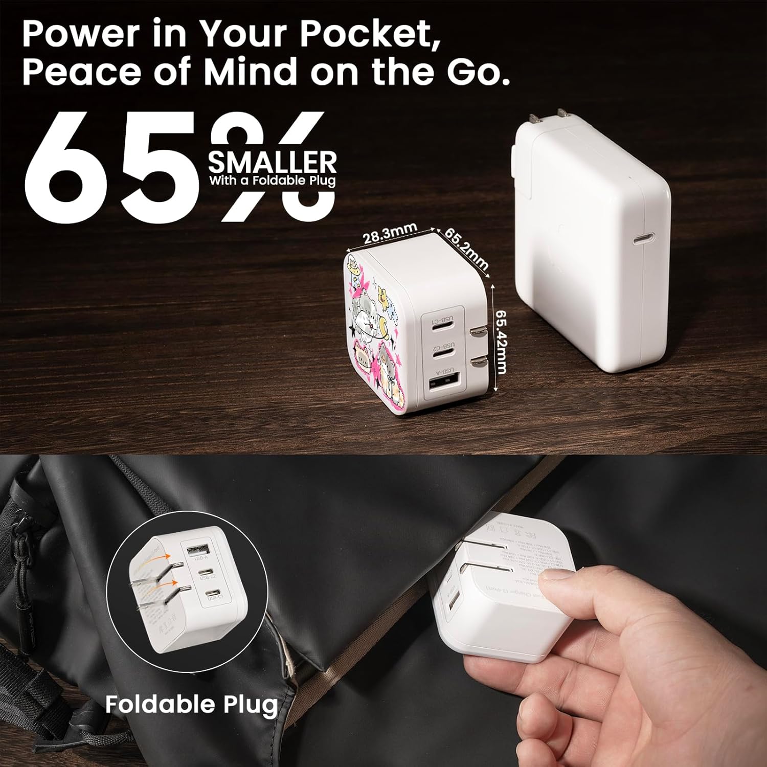 Rosarnnah 45W 3-Port USB Wall Charger with Night Light - Portable Phone Charger with Wall Plug - Type C Charger Fast Charging for iPhone Samsung Android - Funny Space Kitty Design for Bedroom