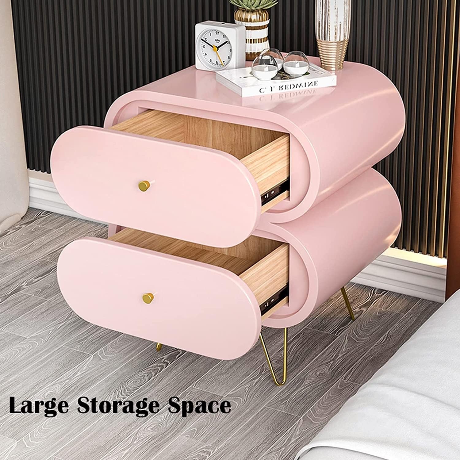 Comodino in Legno Comodini Unici 2 Cassetti con Gambe in Acciaio Inox Tavolo in Stile Moderno/Rosa/50 * 40 * 53Cm