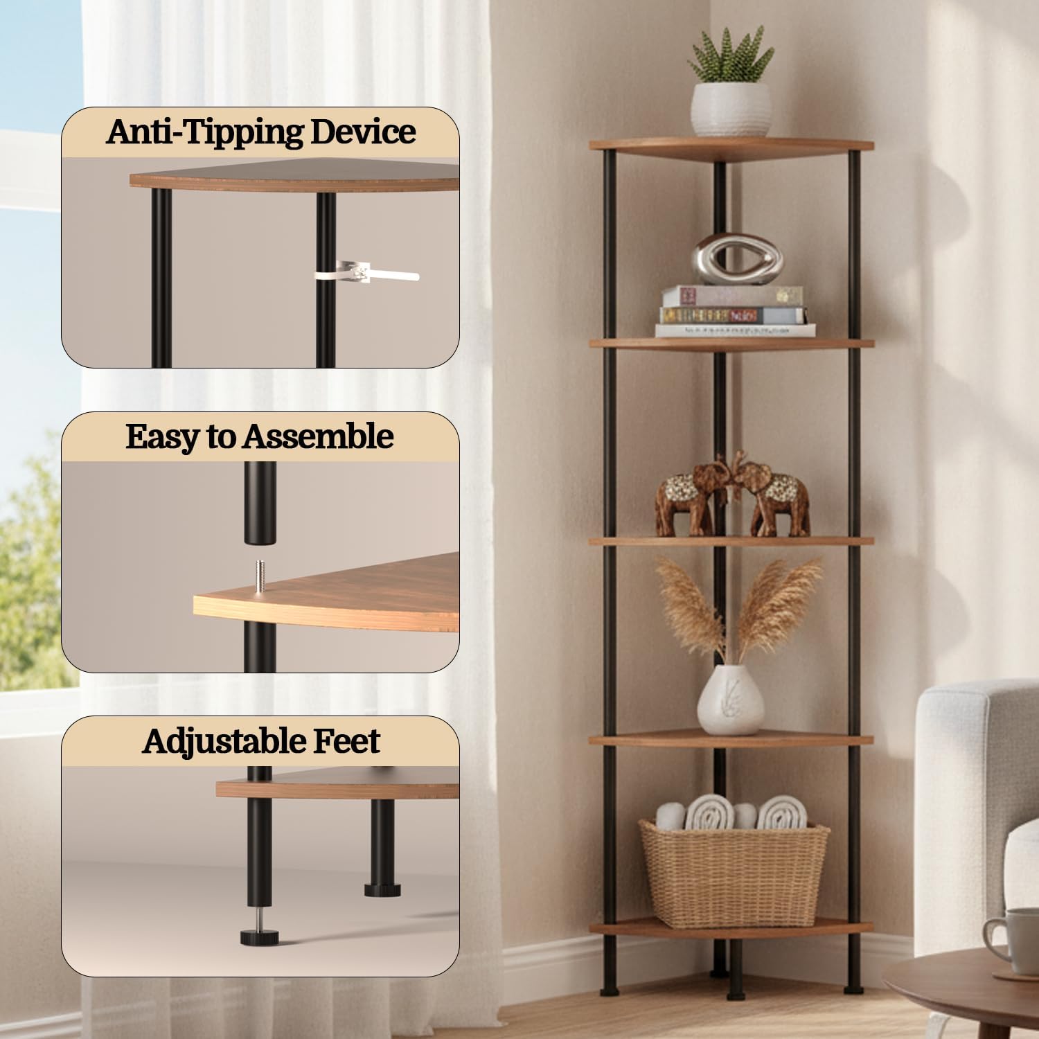 5-Tier Corner Shelf Stand, 52" Industrial Corner Display Rack for Living Room, Bookshelf, Tall Display Shelf, Plant Stand, Storage Standing Shelf for Bedroom, Bathroom, Kitchen, Brown