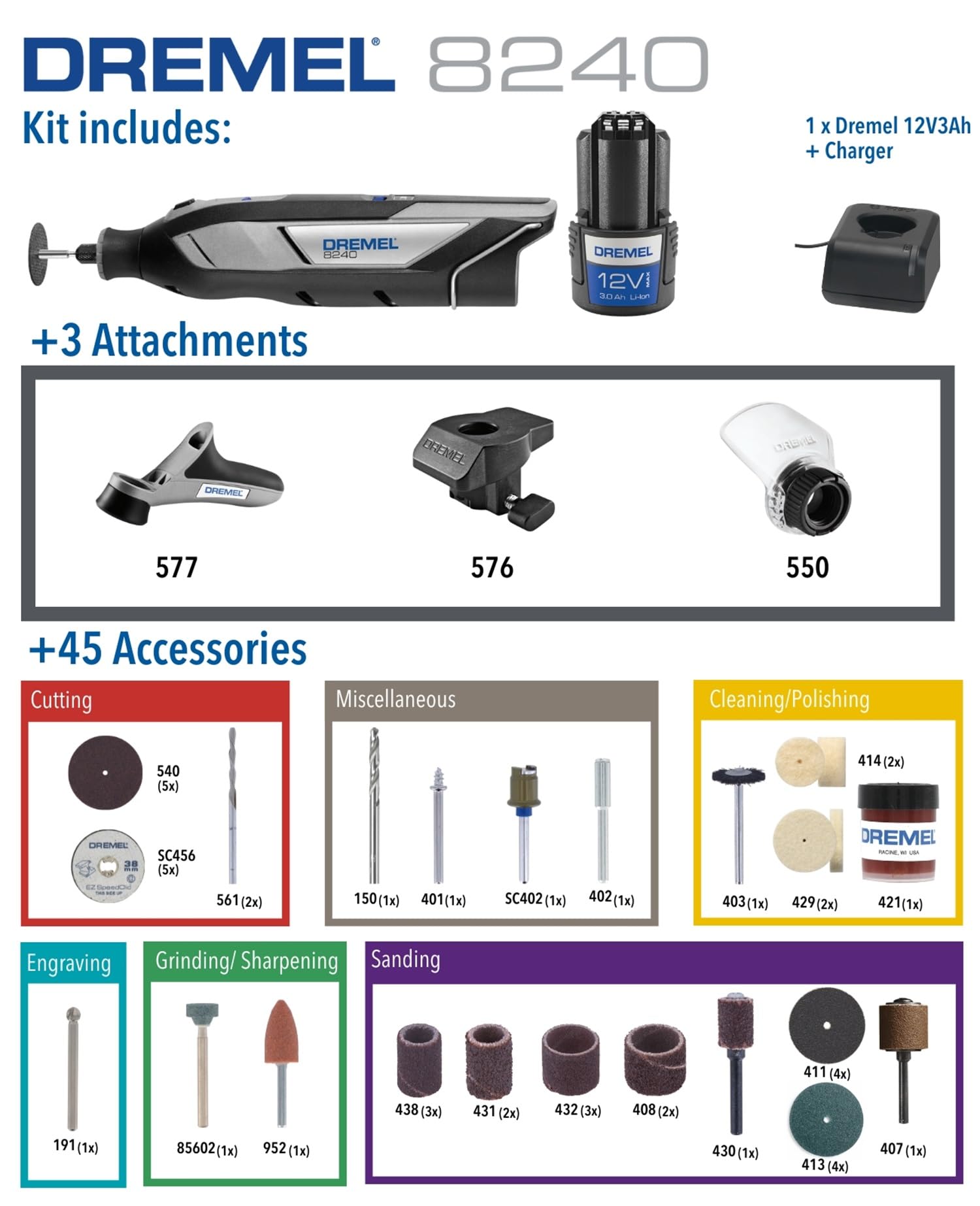 Dremel 8240 Multiutensile a batteria al litio da 12V 2Ah - Utensile rotativo con 3 complementi e 45 accessori, velocità variabile 5.000-35.000 giri/min, e tempo di ricarica rapido