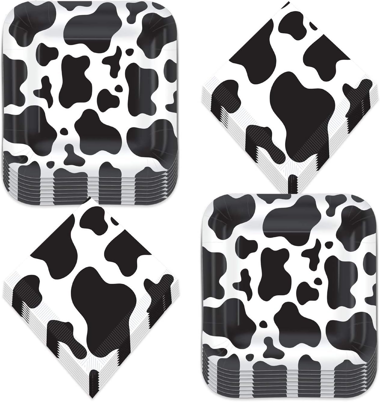 Cow Print Party Pack - Black and White Cow Paper Dessert Plates, Napkins, Cups, Banner Garland, & Wood Table Cover Set for Western and Farm Animal Theme Parties (Serves 16)