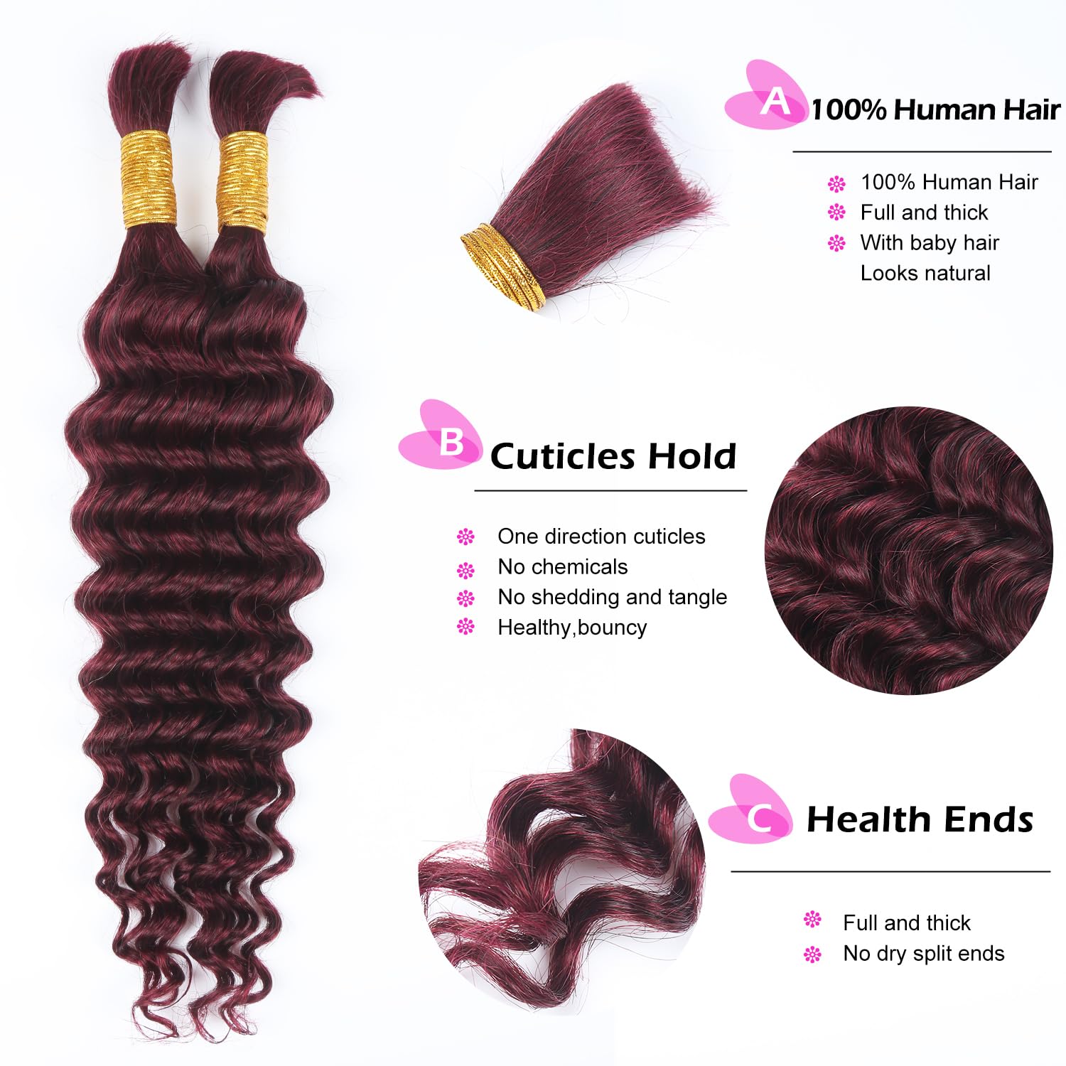 Menschliches Flechten Haar für Boho Flechten Burgund Deep Wave Bulk menschliches Haar für Flechten 45cm 18 Zoll #99j Curly menschliches Haar Flechten Keine Schussbündel für Frauen