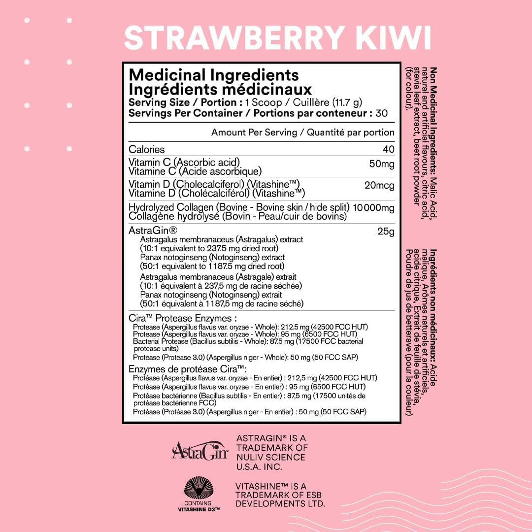 Cira Glow-Getter Collagen Peptides Powder for Women - Grass Fed Bovine Collagen Powder Type I & III for Nail and Hair Growth, Joint Health, Gut Health, & Brighter Skin - 30 Servings, Strawberry Kiwi