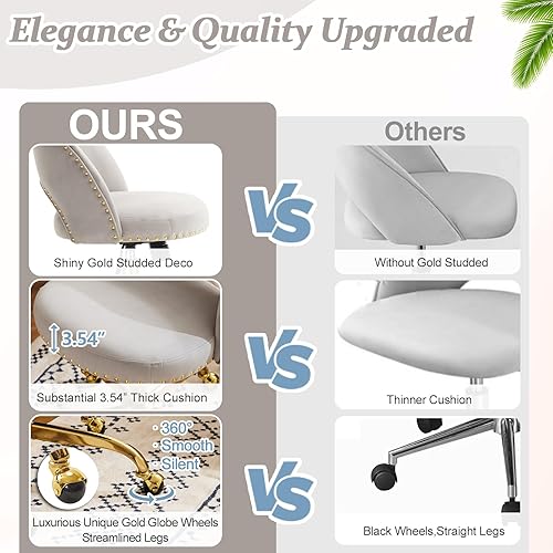 Vista 30 de VINGLI Silla de oficina pequeña de terciopelo moderna, bonita silla de escritorio con ruedas, base dorada/tachuelas, cómoda silla giratoria sin Beige