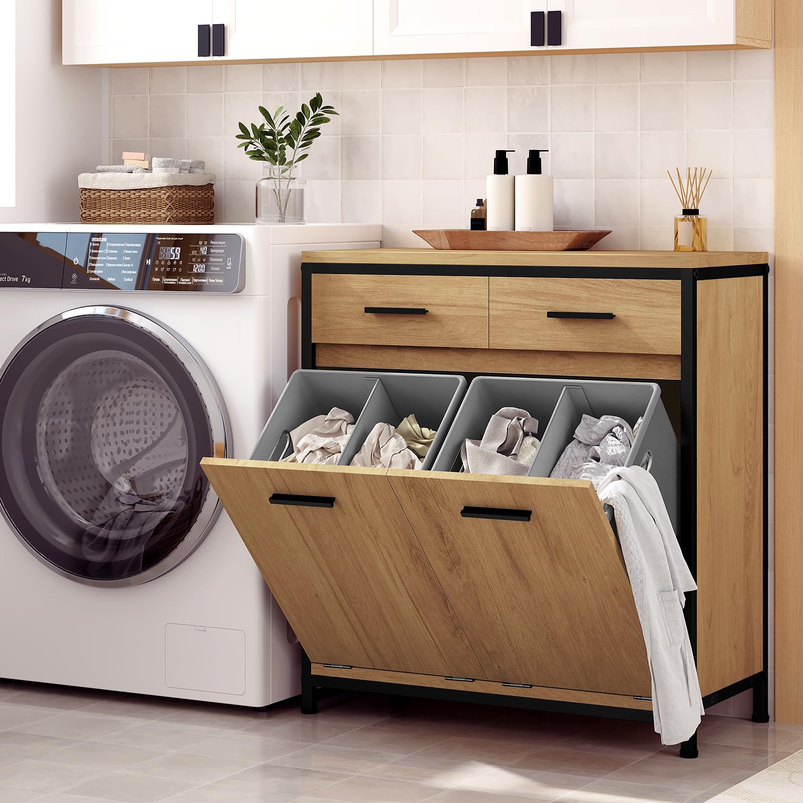 EUGAD Meuble de Salle de Bain, Placard de Rangement, avec Sac Intérieur Amovible avec Poignées, 40 x 78,9 x 80,2 cm, 2 Tiroirs et 2 Paniers à Linge, Meuble de Rangement, Chêne Clair + Noir, 0233WY