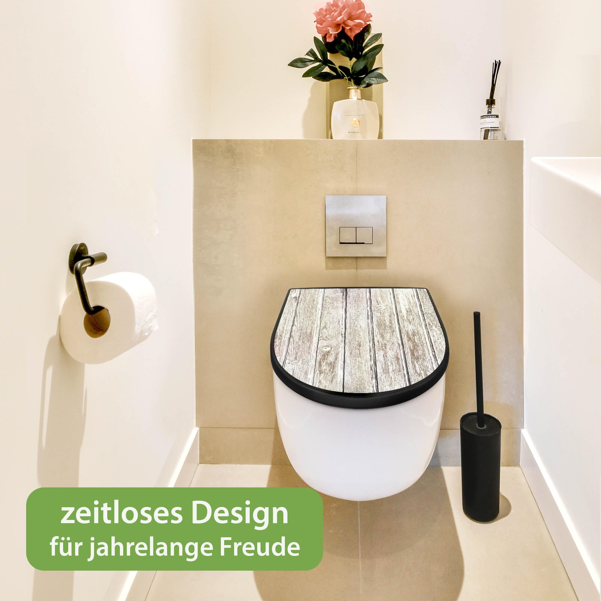 banjado WC Sitz mit Absenkautomatik D Form - Toilettendeckel mit Absenkautomatik D Form - Klodeckel Softclose - stabile Klobrille - Toilettensitz Schwarz - Motiv Schwarzes Holz