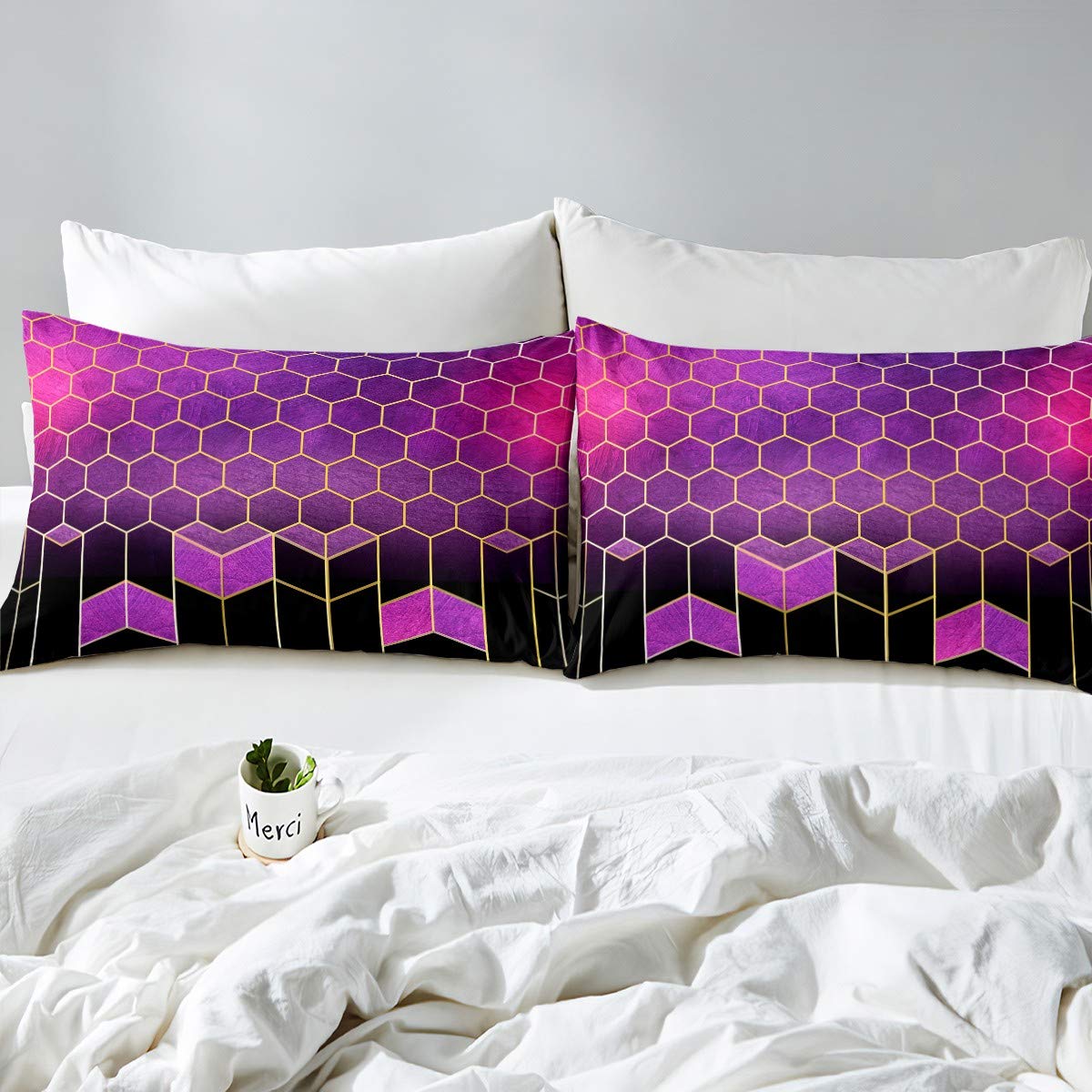 Loussiesd Set Copripiumino Con Stampa 3D Esagonale - 135x200 Cm, Microfibra Morbida, Viola E Blu, Per Letto Singolo, Con Federa