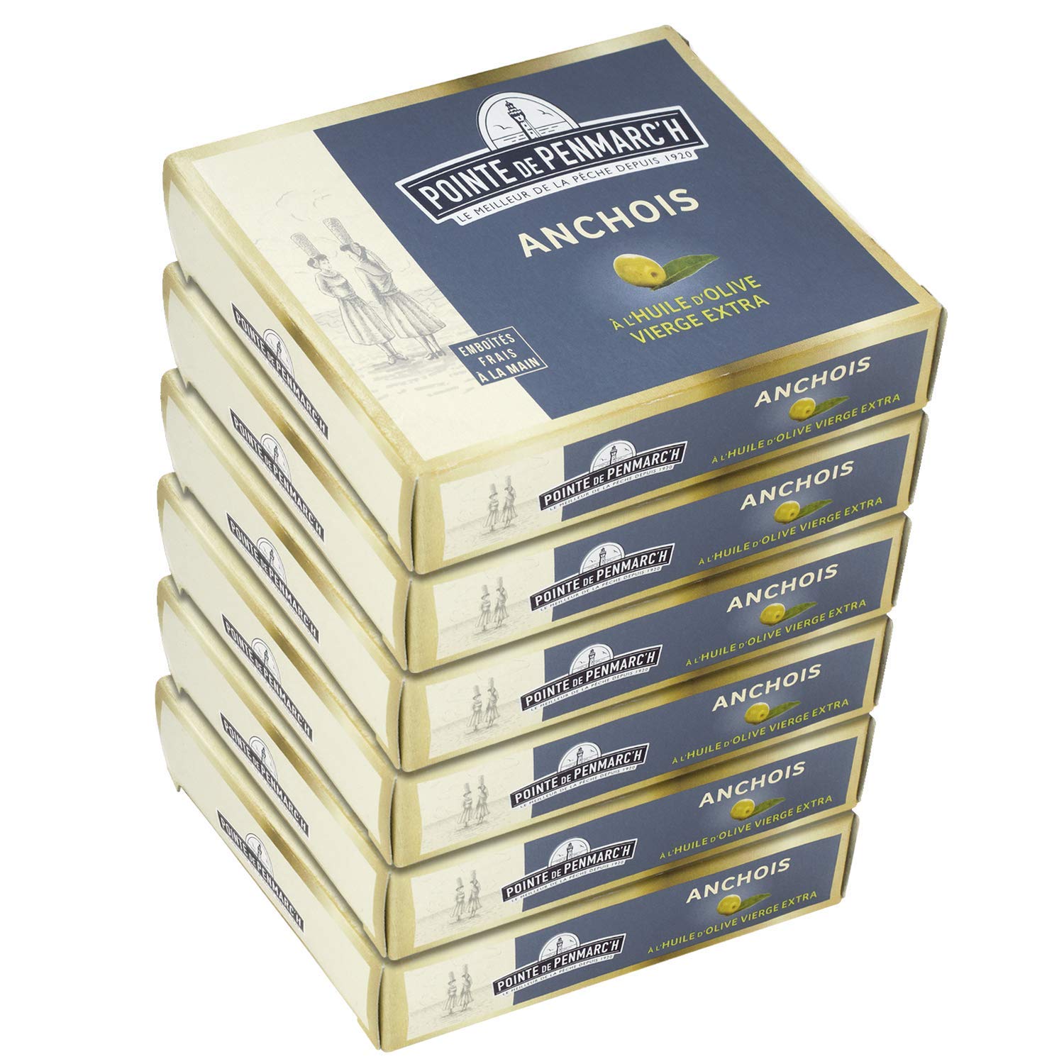 Anchois entiers à l'huile d'olive vierge extra Pointe de Penmarc'h le lot de 6 boîtes de 115 g - Livraison en 2 à 3 jours ouvrés depuis la Bretagne