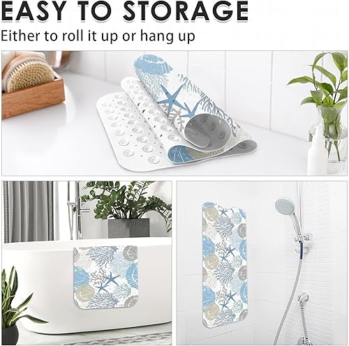 Miniatura 5 de Sea Shells - Tapete de baño antideslizante con diseño de conchas marinas coralinas, estrellas de mar, 40 x 16 pulgadas, extra larga, para bañera,