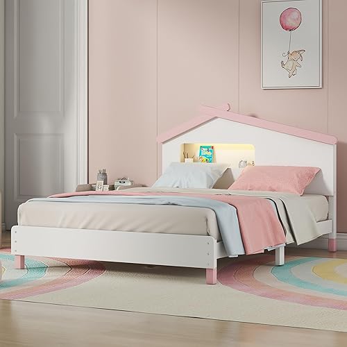 Miniatura 3 de Cama de plataforma de casa de tamaño matrimonial con luces LED, marco de cama de piso de madera para niños con cabecera y soporte de listones, no