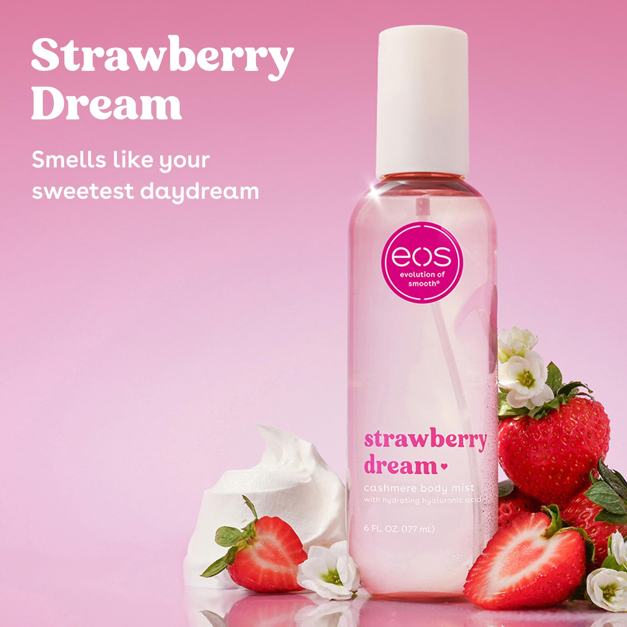 eos Cashmere Body Mist, Strawberry Dream, Body Spray for Women, Strawberry Perfume, Hair Mist, Moisturizing, Hyaluronic Acid, Glycerin, Vegan, Cruelty-free, 6 fl oz