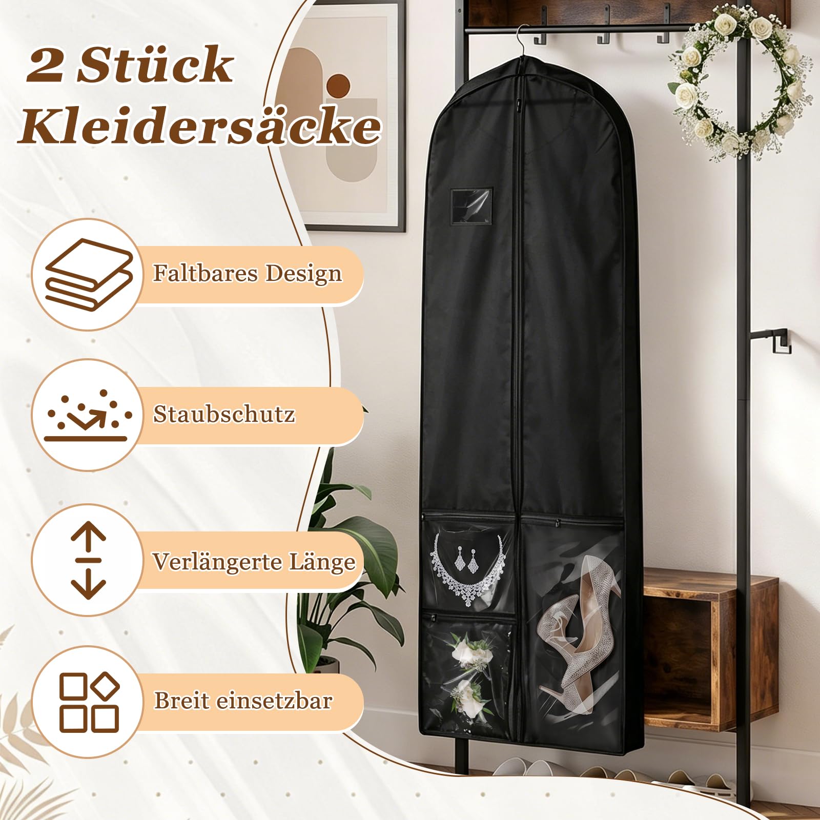 Paquete de 2 unidades de largo de 180 cm con cremallera, funda de tela de vellón plegable, bolsa de almacenamiento a prueba de polvo para vestidos de novia, vestidos de noche y abrigos (negro)