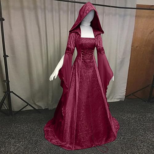 Miniatura 10 de Vestido renacentista para mujer, disfraz divertido de Hallowwen, vestido gótico medieval con capucha, manga larga, vestido largo victoriano