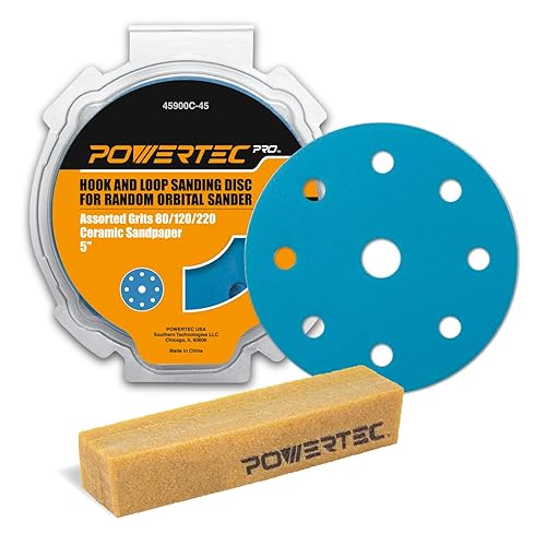 POWERTEC PRO 45900C-45 - Disco de lijado surtido de 9 agujeros de 5 pulgadas, grano 80120220, discos de respaldo de gancho y bucle de cerámica para