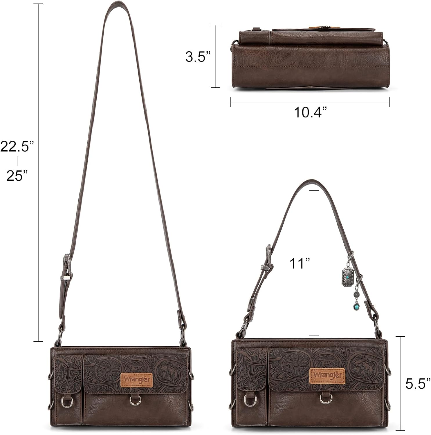 Wrangler Y2K Purse Small Shoulder Bag for Women with Western Detachable Charms & Multiple Pockets