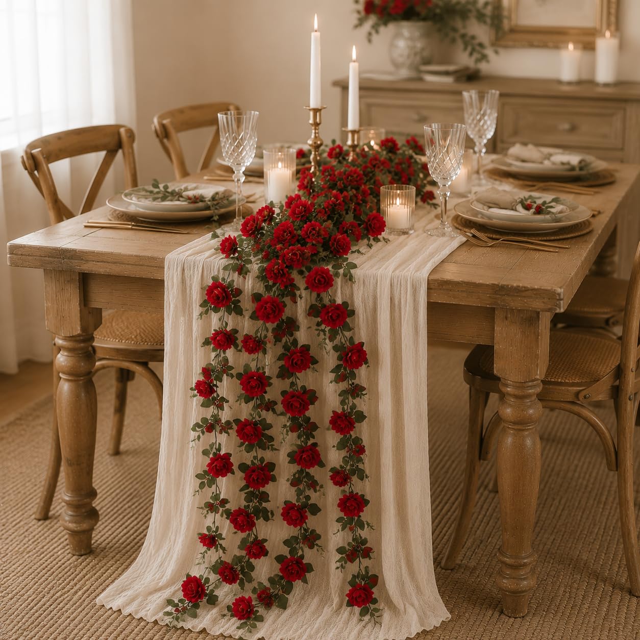 LZJDHKJ 6Pcs Artificial Flower Garland Silk Fake Flower Greenery Vines for Wedding Home Party Table Runner Centerpiece Decoration Red,One Size