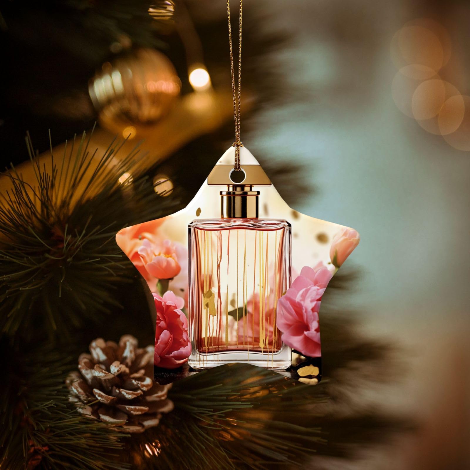 Christmas Tree Ornaments Ceramics Christmas Decorations Fashion Perfume Ornaments with Gold Ribbon Porcelain Xmas Tree Crafts Star Shape Hanging Pendant for Christmas Tree Party Decor