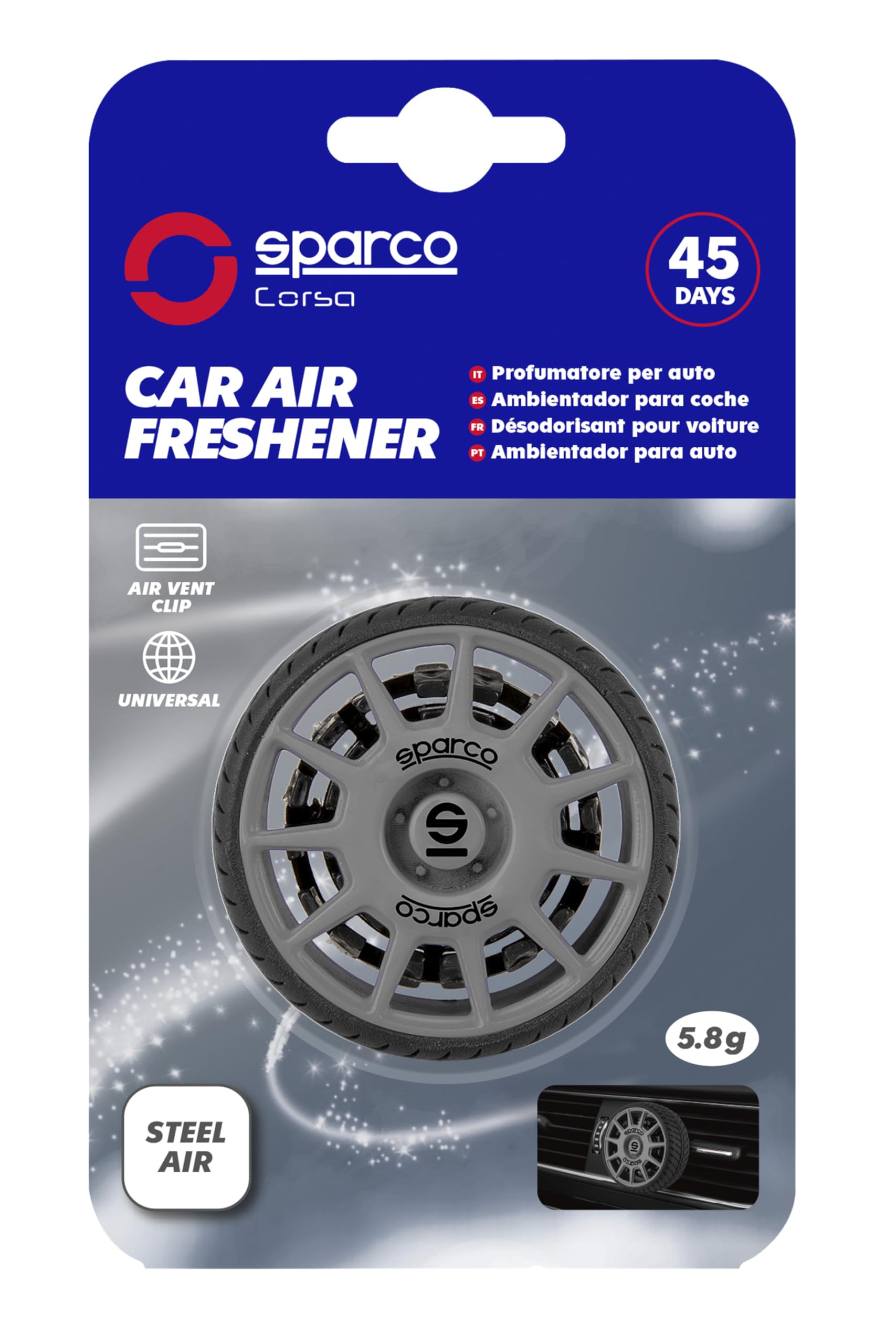 Sparco Gel Car Air Freshener with Vent Clip, Wheel and Sport Rim Design, Steel Air Fragrance, Aromatic Fougère Scent with a Clean Musky Base, Up to 45 Days, 5.8 Grams