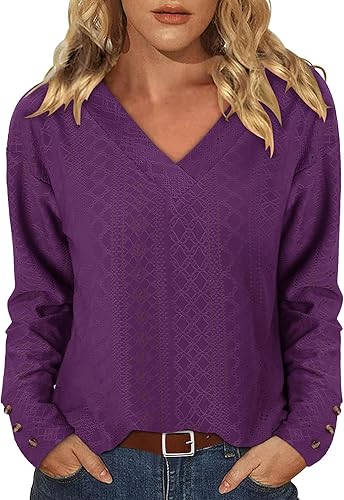KISSMODA Long Sleeve Fall Shirts For Women V Neck Tunic Tops Embroidered Button Down Knitted Blouses 2025
