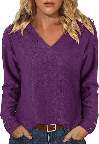 KISSMODA Long Sleeve Fall Shirts For Women V Neck Tunic Tops Embroidered Button Down Knitted Blouses 2025