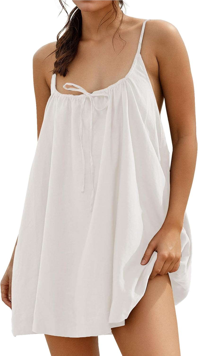 Womens Sundresses Mini Linen Beach Cover Up Tank Summer Casual Spaghetti Strap Sleeveless Dress with Pockets White M