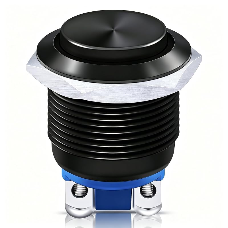 Interruptor push button momentâneo Twidec metálico preto IP65, 1NA, 3 A, 12–250 V, furo de 19 mm – 1 unidade