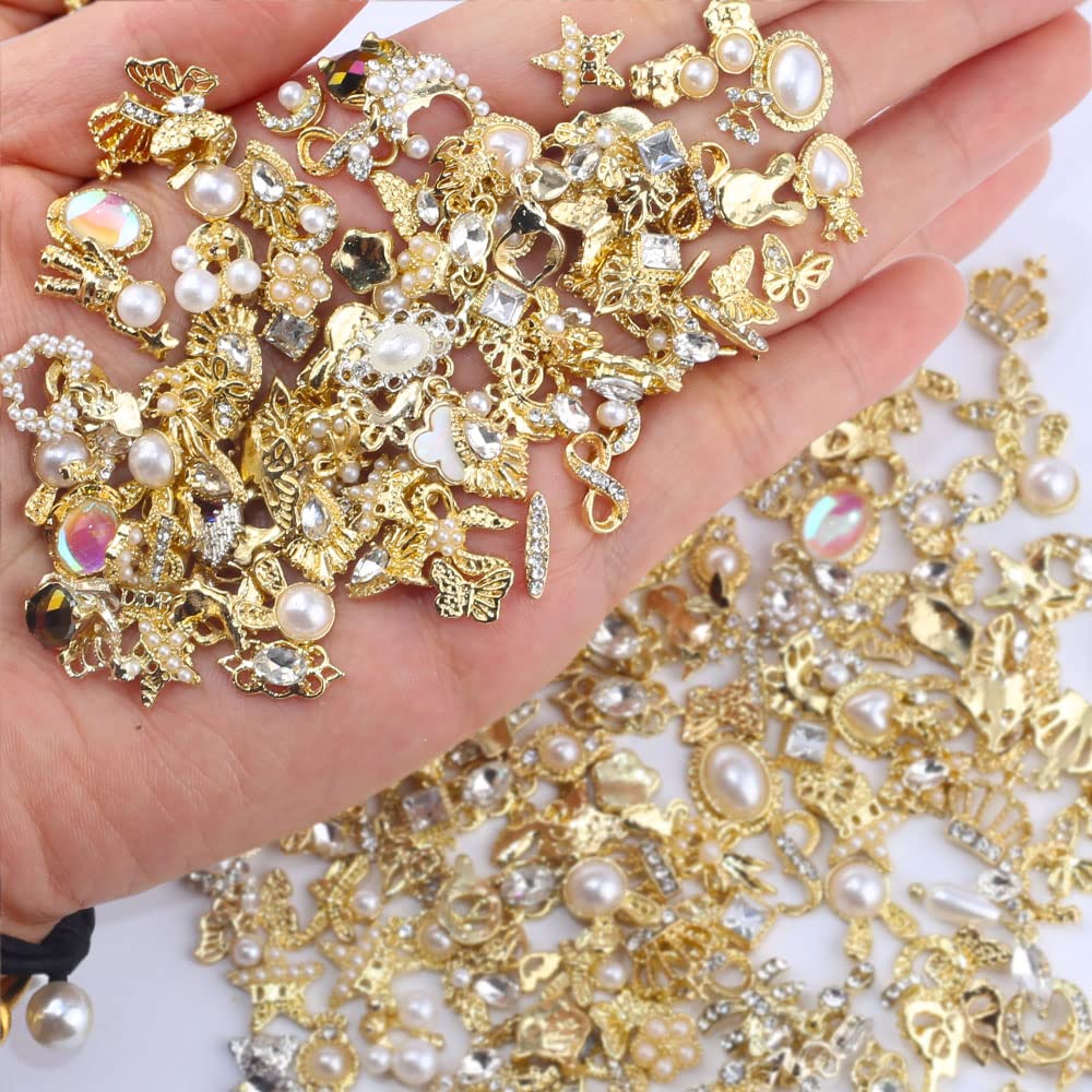 50pcs Gold Nail Charms for Acrylic Nails, Mix Styles Shiny Pearl Alloy Nail Rhinestones Flower Butterfly Heart Star Charms for Nails Women Nail Jewels Nail Decorations for Nail Art Charms