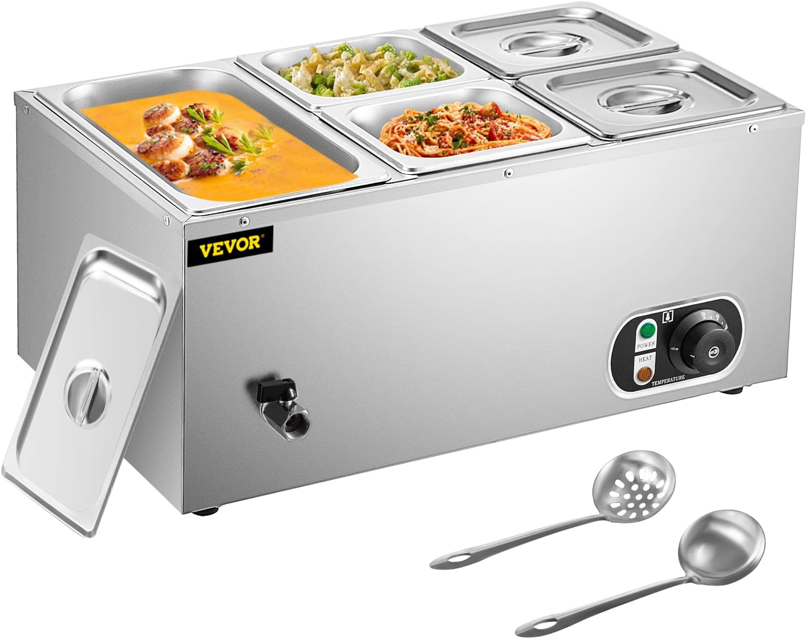 VEVOR 110V Commercial Food Warmer, 5-Pan Stainless Steel Bain Marie 13.7 Quart Capacity, 1500W Steam Table 15cm/6inch Deep, Electric Food Warmer