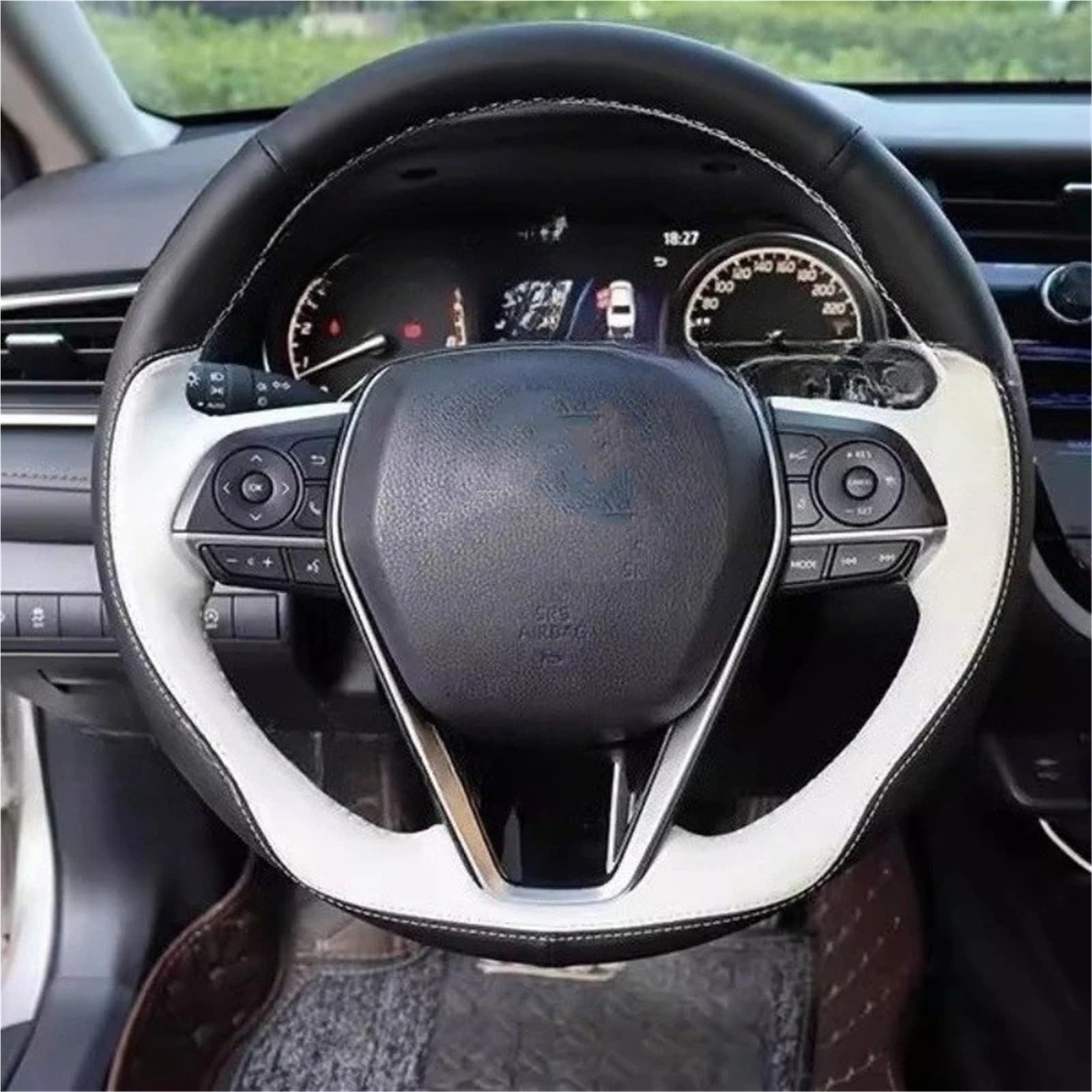 Funda para Volante De Coche para Toyota para Avalon para Camry para Crown para RAV4 2018-2022 Protector para Volante de Coche Cuero Genuino Blanco y Punto