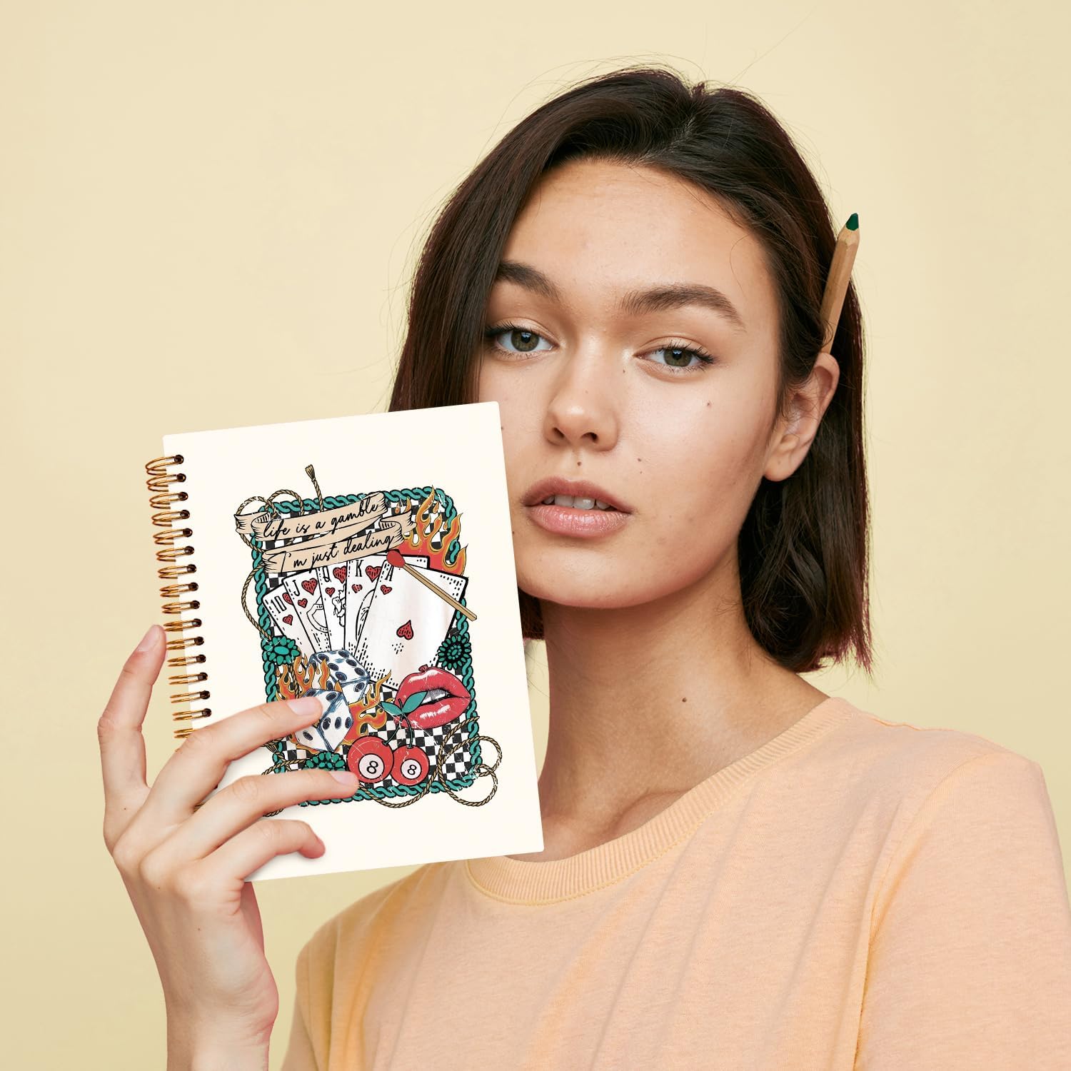 JXREQ Trendy Retro 70s Poker Card 8 Ball Western Notebook, Funky Punk Rock Journal, Country Western Aesthetic Journal for Women, Life is a Gamble I'm Just Dealing Inspirational Spiral Notebook 5.5x8.3 - Image 4