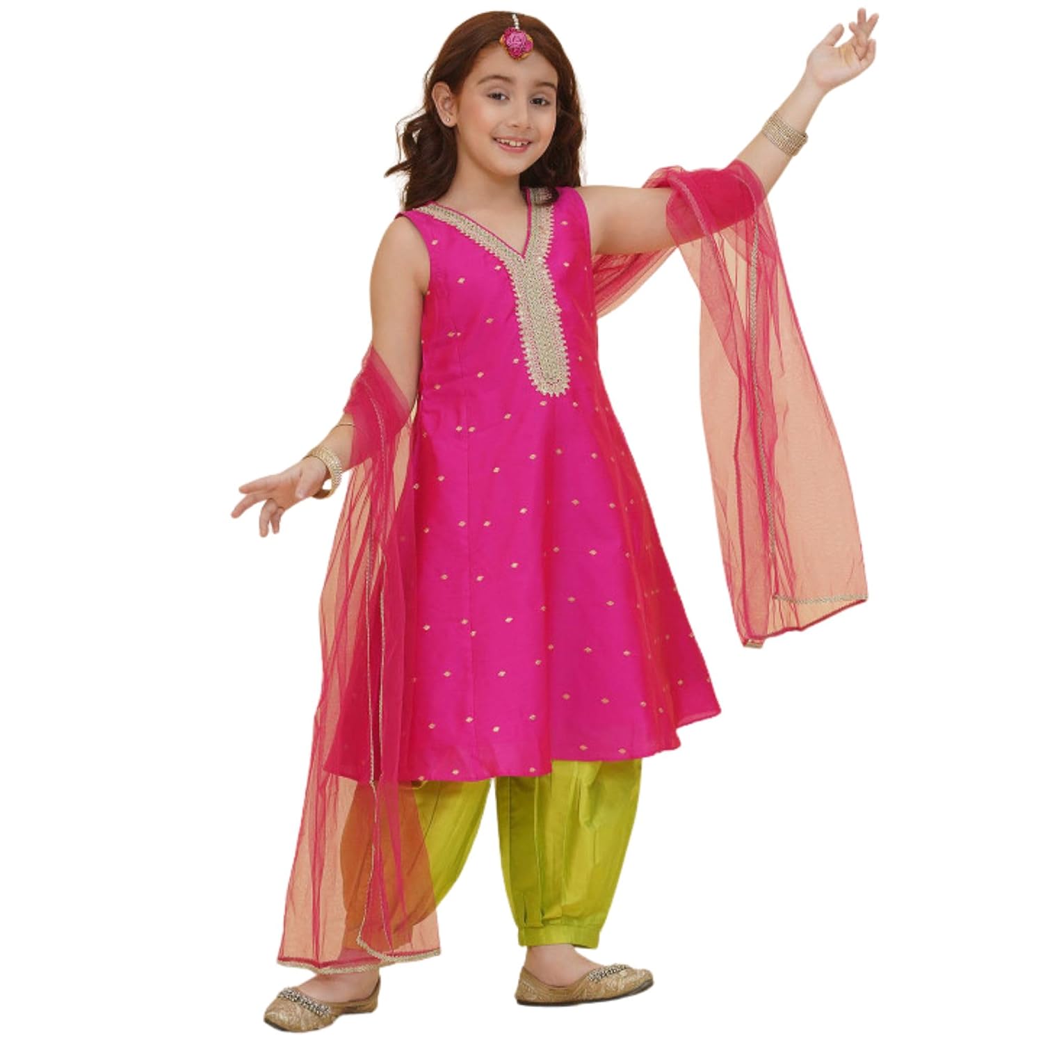 Fabric Heaven Girls Pink Self Design Kurta Set with Afghani Salwar & Dupatta Silk Woven Embroidered V-Neck Sleeveless Full... - Review, Price and Buying Guide