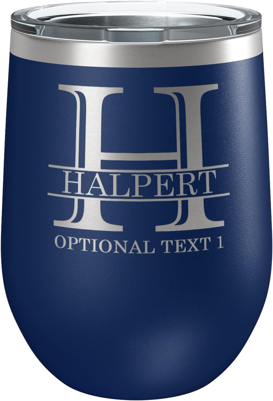 Personalized 12oz (17 Colors) Powder Coated Stainless Steel Stemless Wine Tumbler with Lid, Custom Etched, Customized Gift, Gifts for women, Wine Lover, Halpert Monogram Initial Name (Navy Blue)