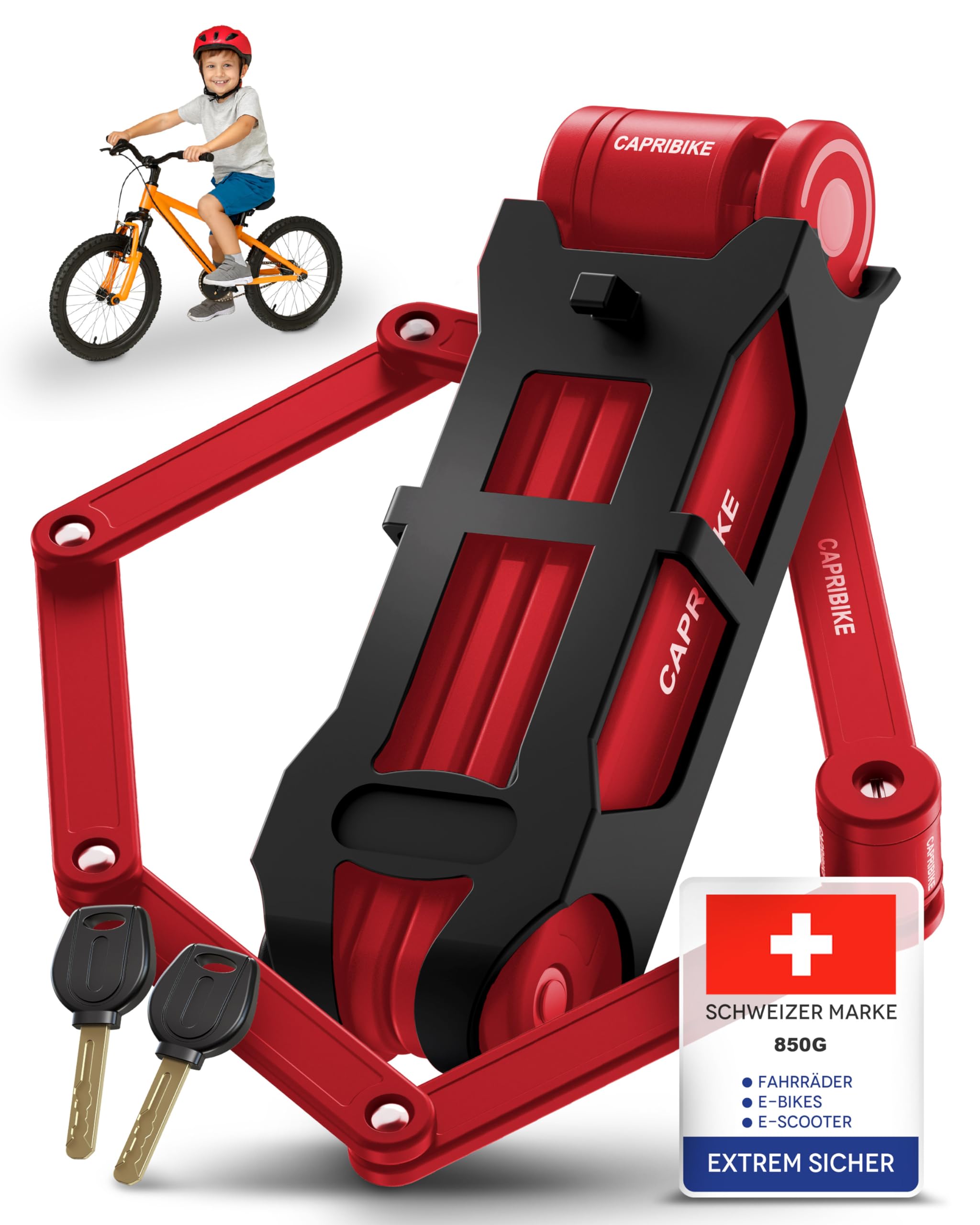 CAPRIBIKE Kinder-Faltschloss für Fahrrad – Hochwertiges Fahrradschloss Faltschloss mit Halterung – Einfache Montage – Schloss für Fahrrad mit Sicherheitslevel 10 – Fahrradschloss mit 2 Schlüsseln