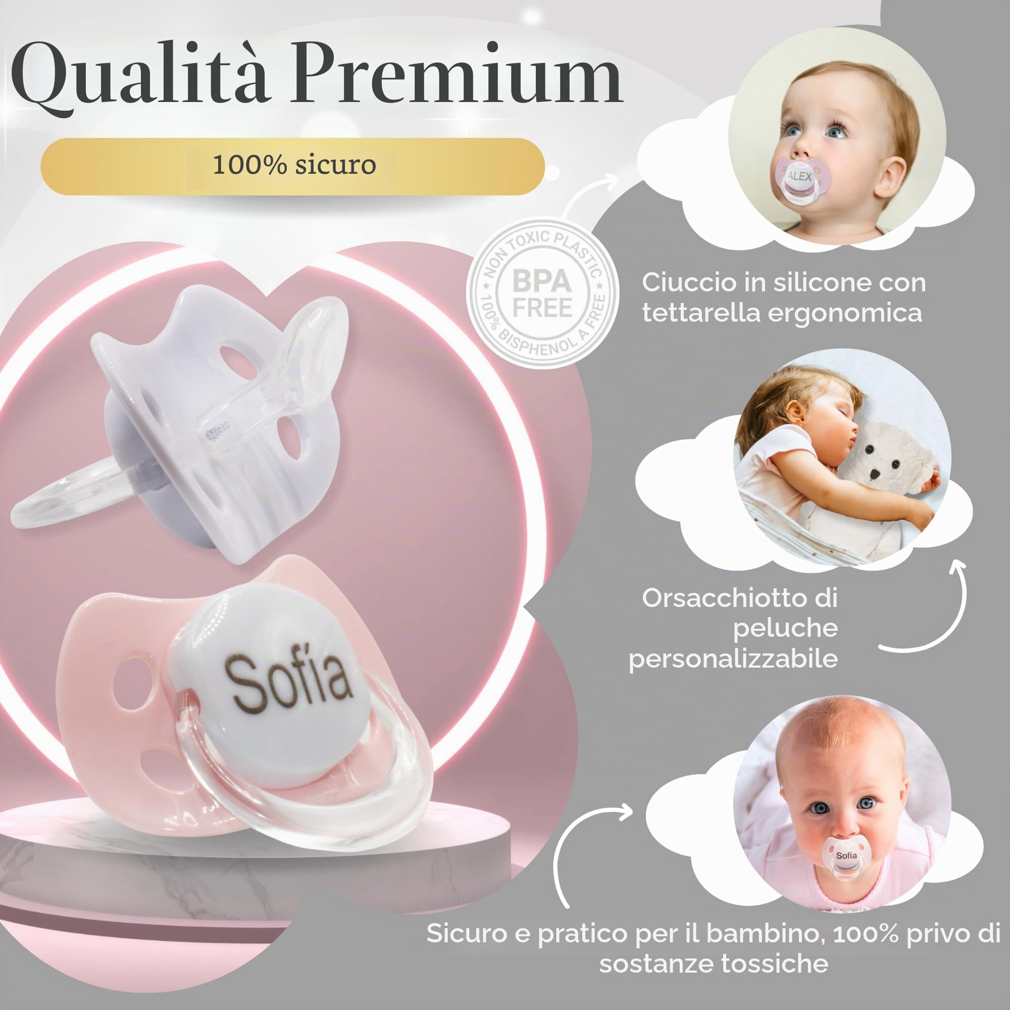 Regalo personalizzato per la nascita | 2 Ciucci per Bambini Personalizzati | per Neonati 0/6 Mesi Senza BPA i orsacchiotto personalizzato in scatola personalizzata | BebeDeParis