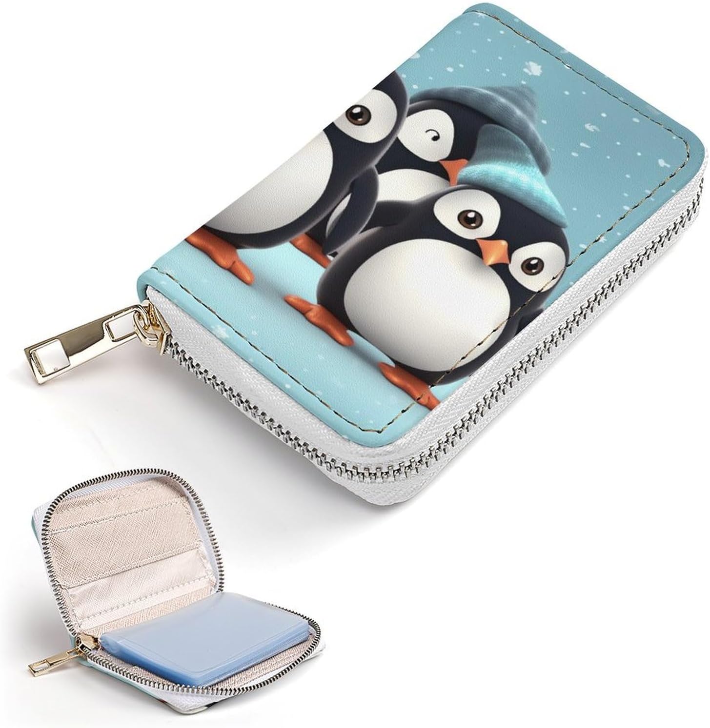 Leather Card Organizer Case Card Wallet Credit Card Holder Cute Penguins Printed Zipper Card Cases Holder for Women Men