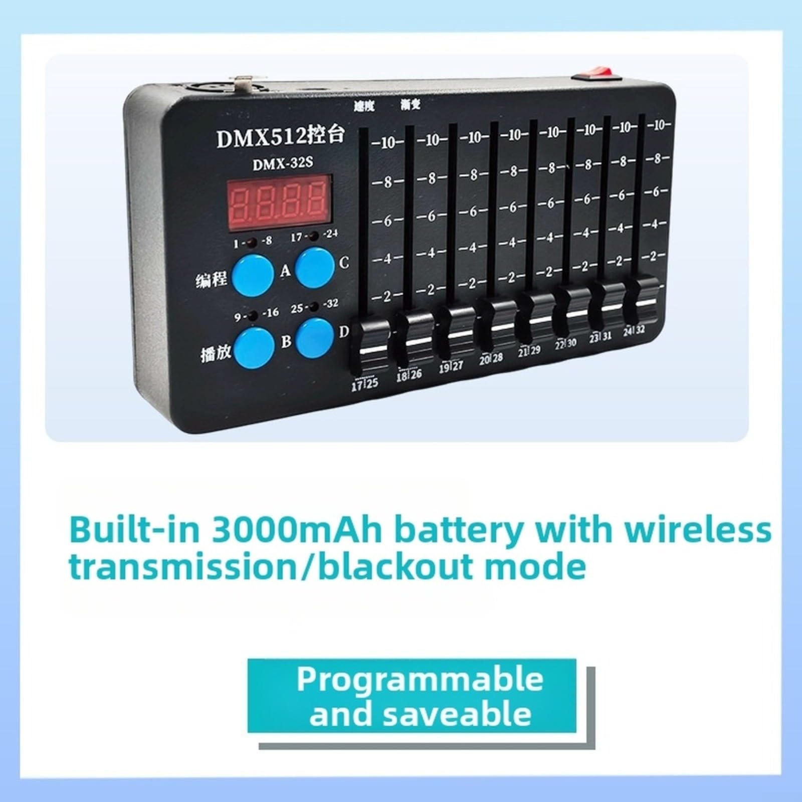 Controller DMX512 a 32 canali con funzione wireless, ricaricabile da 3000 mAh per batteria, controllo della luce programmabile per palcoscenico DJ, 8 fader, display LED, nero, compatto per spettacoli