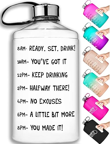 HydroMATE - Botella de agua con frases motivadoras, de 64 onzas, con marcas de tiempo, sin BPA, botella reutilizable con asa, a prueba de fugas, con