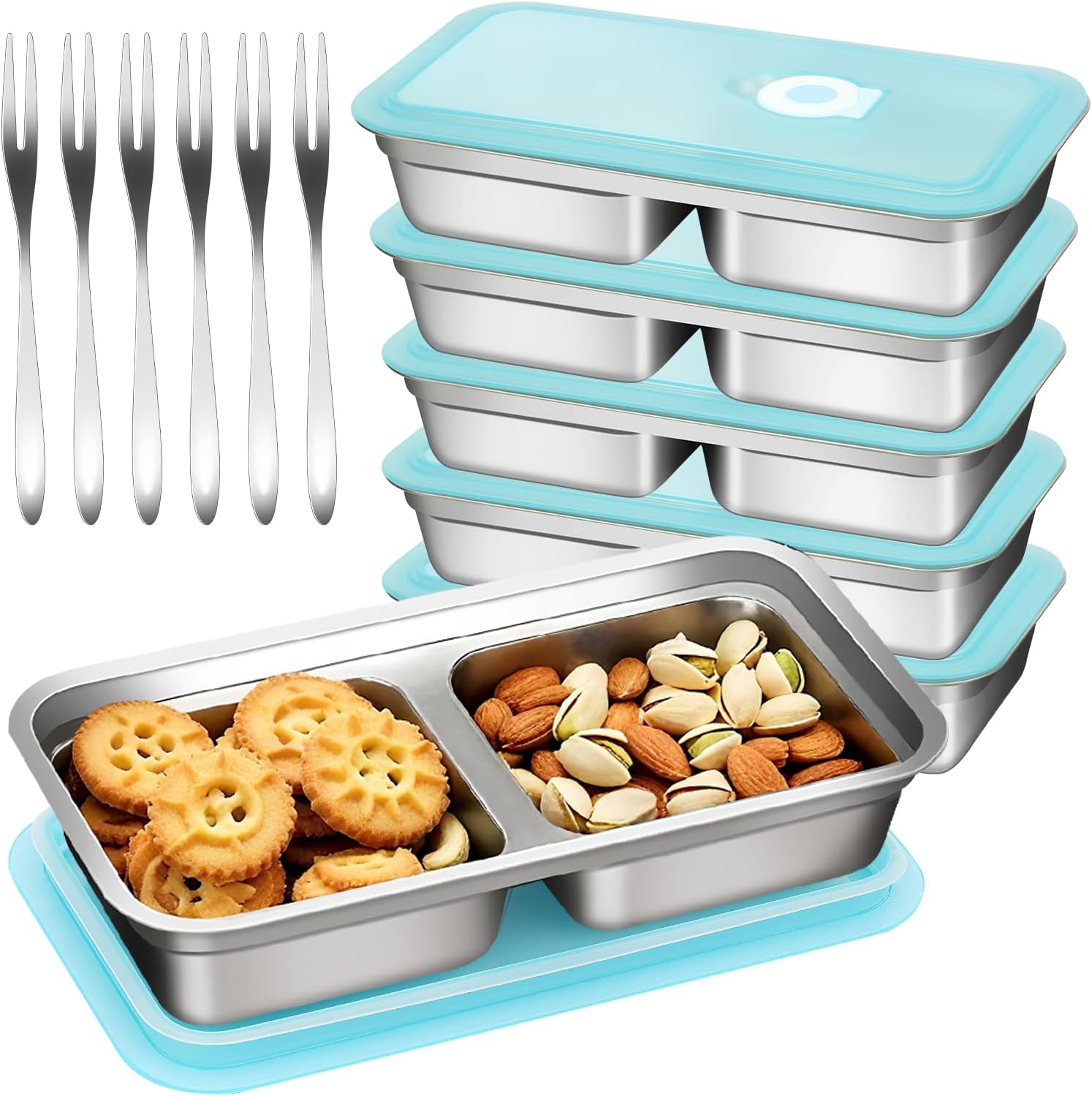 stainless steel snack containers with lids, reusable bento lunch container box, food storage, leak proof, dishwasher-safe, grab and go for work, 6 pack (double compartment) -with 6 forks