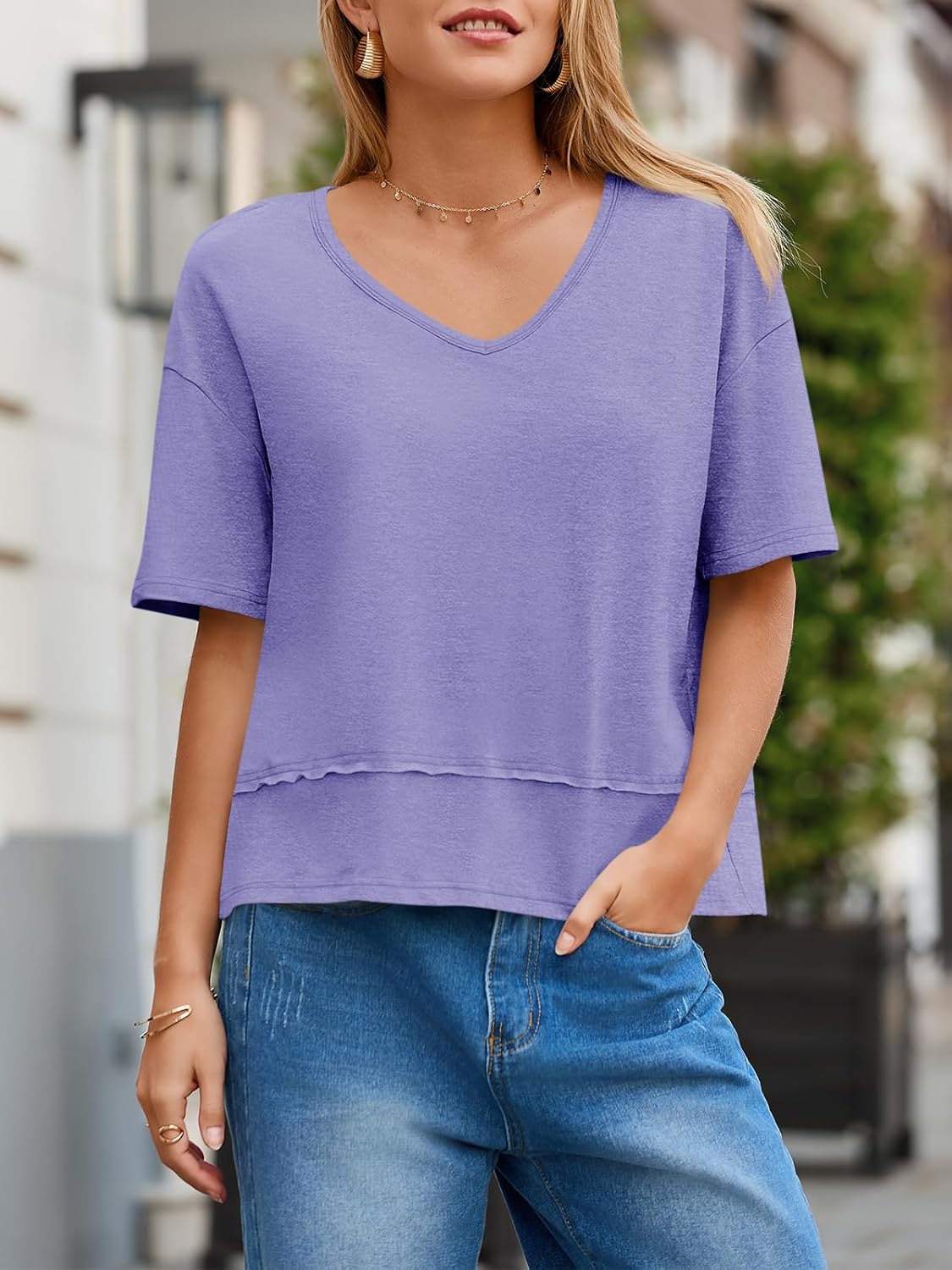Cicy Bell Womens Summer V Neck T Shirts Casual Short Sleeve Flowy Tops Cute Loose Fit Basic Tees - Image 4