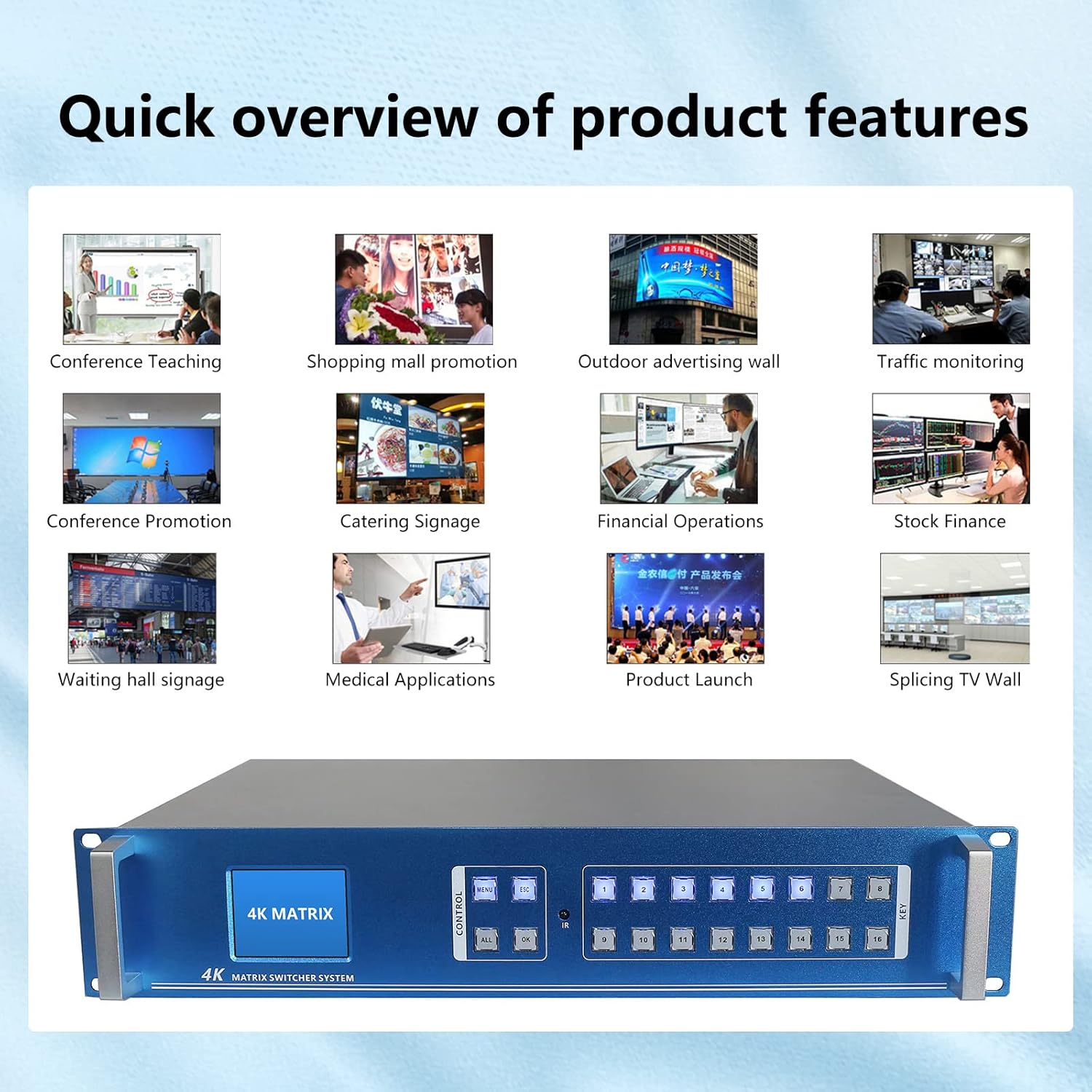 ICUIXIAN 16x16 HDMI Matrix Switch 4K30Hz with Web GUI, Rs-232, LAN Port Control, Rackmount HDMI Matrix 16x16 HDCP, EDID, Backlit Buttons, LCD Screen Display (16-16 hdmi Matrix switcher-Splitter)