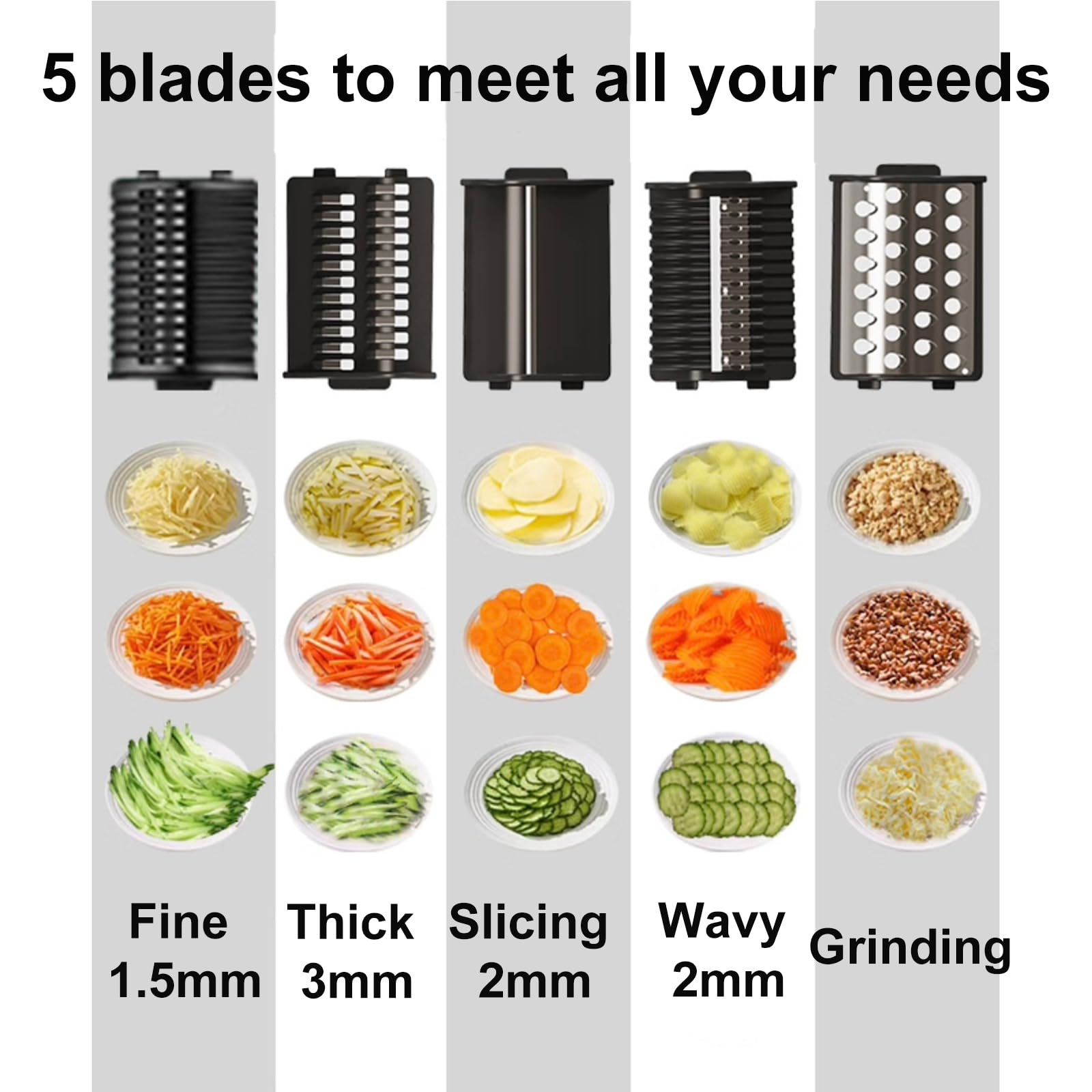 Grattugia elettrica Professionale per Verdure, affettatrice elettrica con 5 Lame in Acciaio Inox e Diametro di 7,5 cm, Tritatutto Multifunzionale per Frutta/Verdura/Formaggi