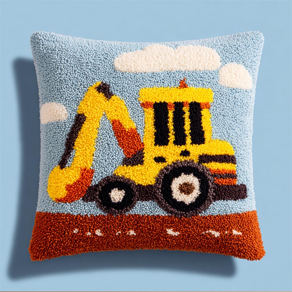 Taxpy Latch Hook Kits Pillow Cartoon Construction Vehicle Printed Cushion Crochet Yarn Embroidery Needlework Hook and Latch Kit Pillowcase Rug Cover Home Decor 43X43Cm