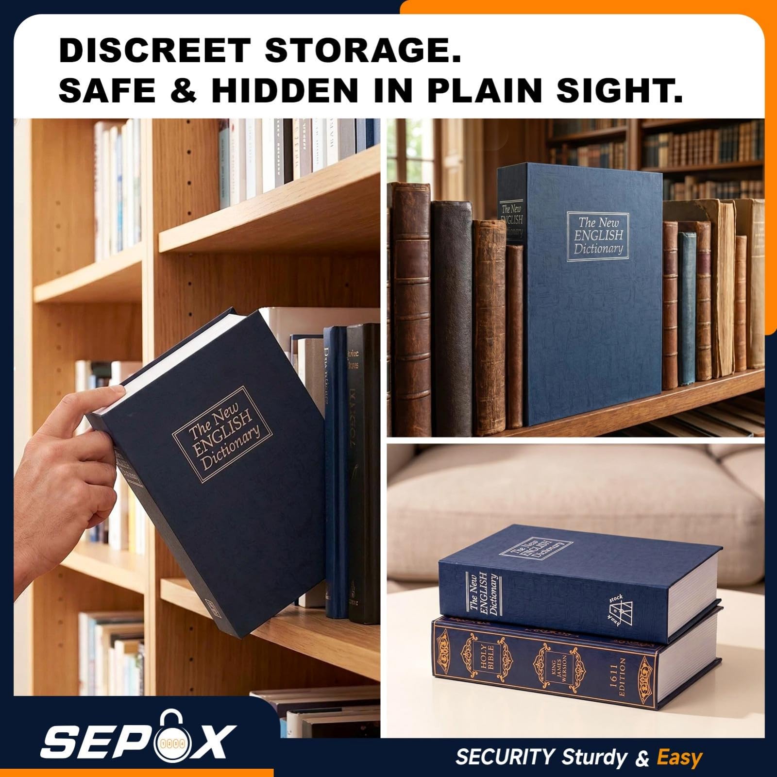 SEPOX Cassaforte portatile a forma di libro con chiave, 14 cm di profondità x 22 cm di larghezza x 4,1 cm di altezza, cassaforte nascosta, perfetta per viaggiare, conservare denaro, gioielli, telefono