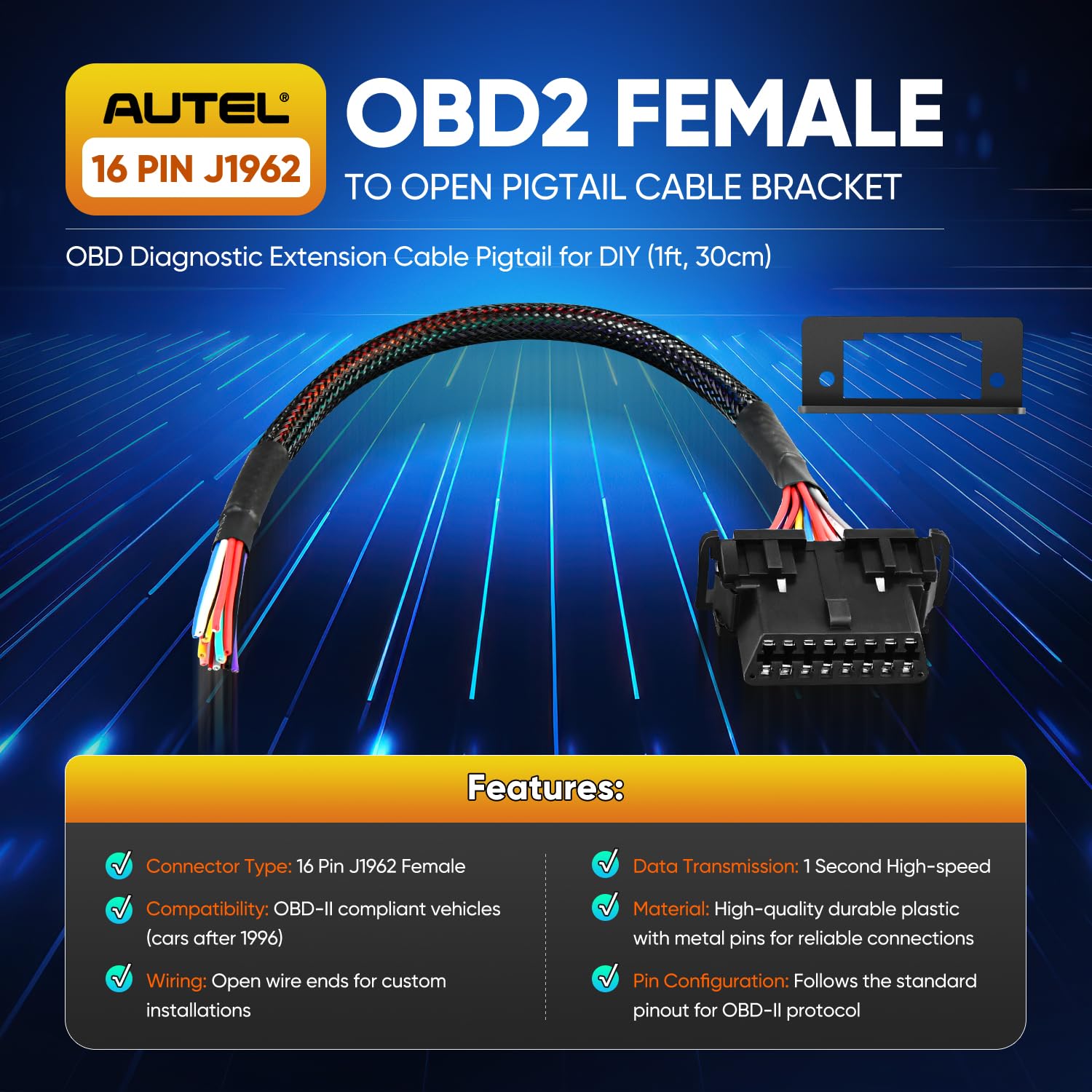 Autel OBD2 16ピン J1962 メス - OBDII オープンピグテールケーブル、ピグテール固定ワイヤーハーネス アンダ