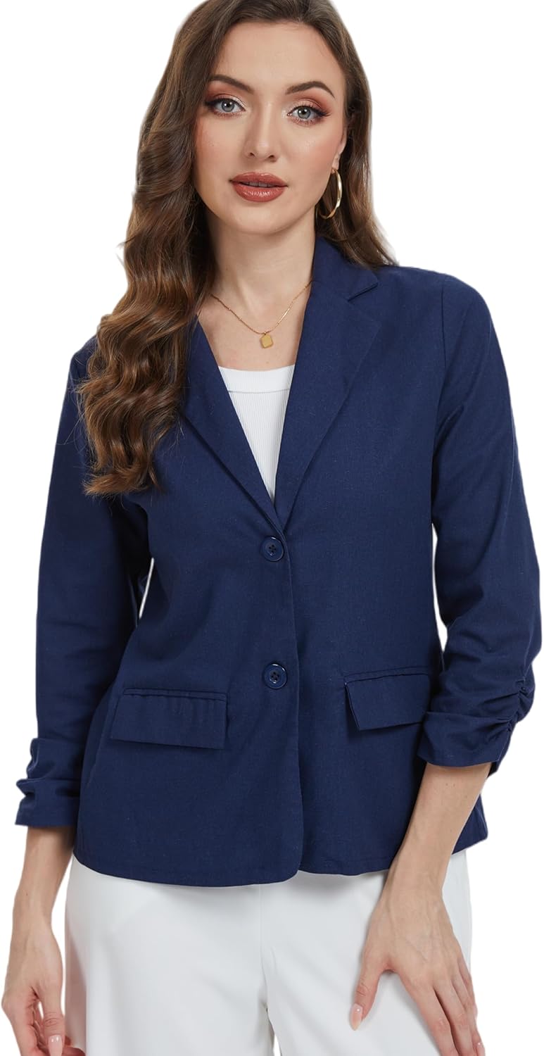 Women's Linen Blazer Jacket 2025 Lightweight Button Lapel Casual 3/4 Ruched Sleeves Work Office Jackets