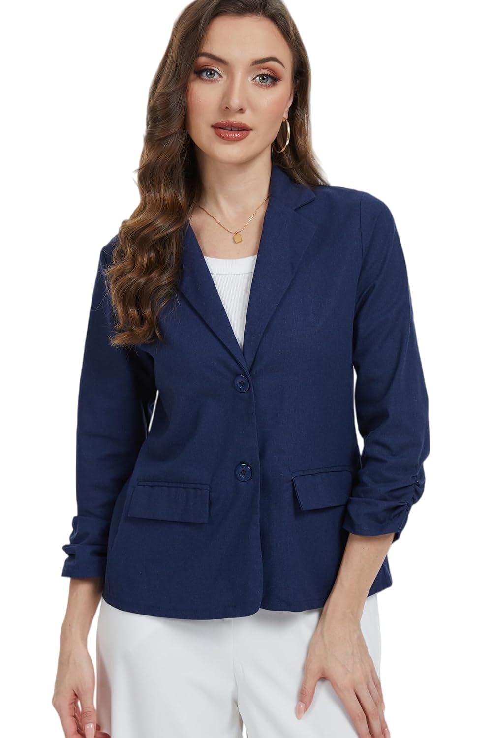 Womens Linen Blazer Jacket 2025 Lightweight Button Lapel Casual 3 4 Ruched Sleeves Work Office Jackets