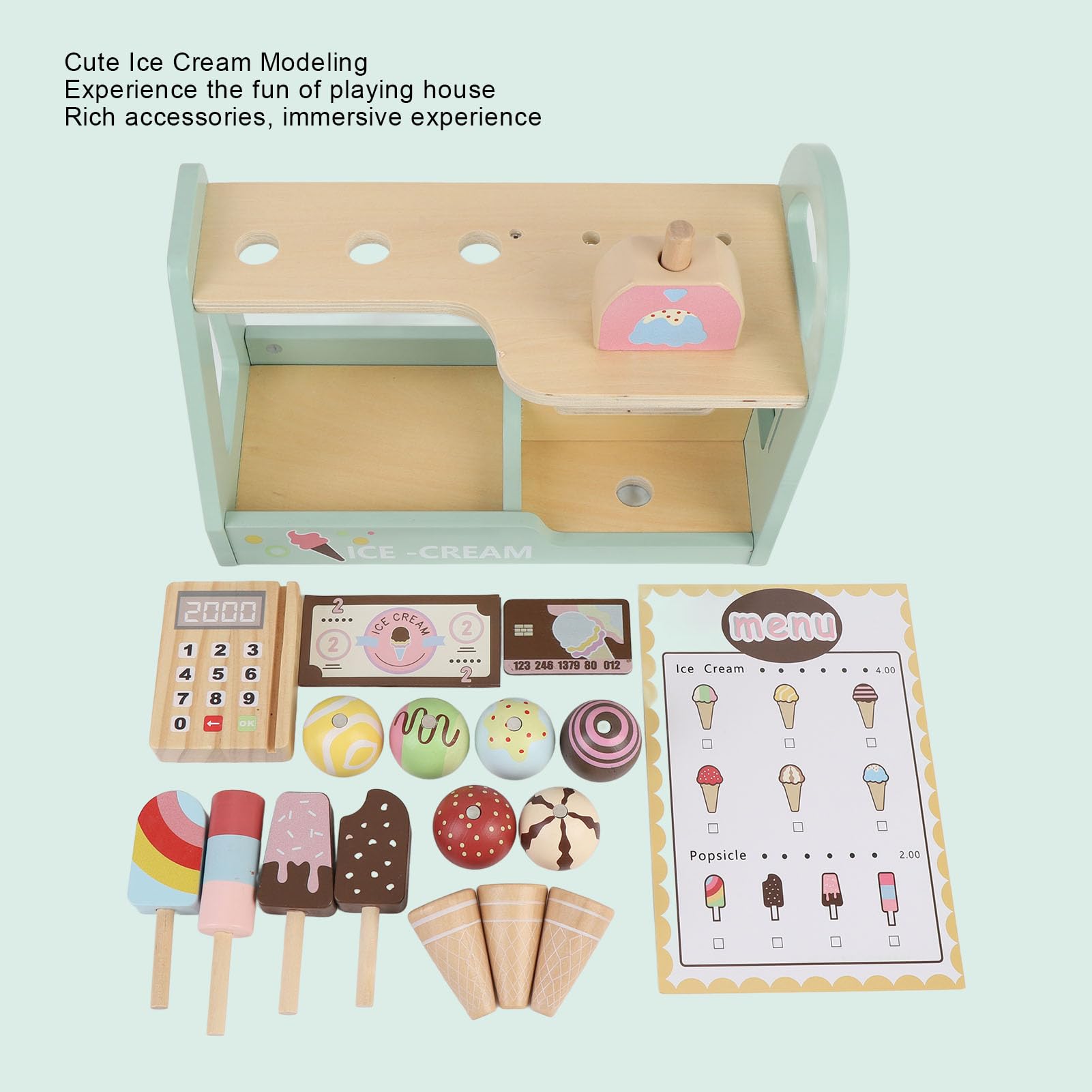 Fockety Juguete de Madera de Helado con Mostrador para Niños, Set de Comida