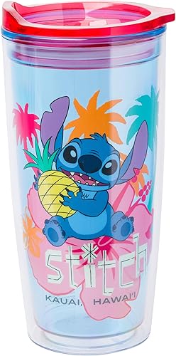 Silver Buffalo Disney Lilo and Stitch Holding Pineapple Tropical Kauai Hawaii - Vaso de viaje de doble pared con tapa de cierre deslizante, 20 onzas