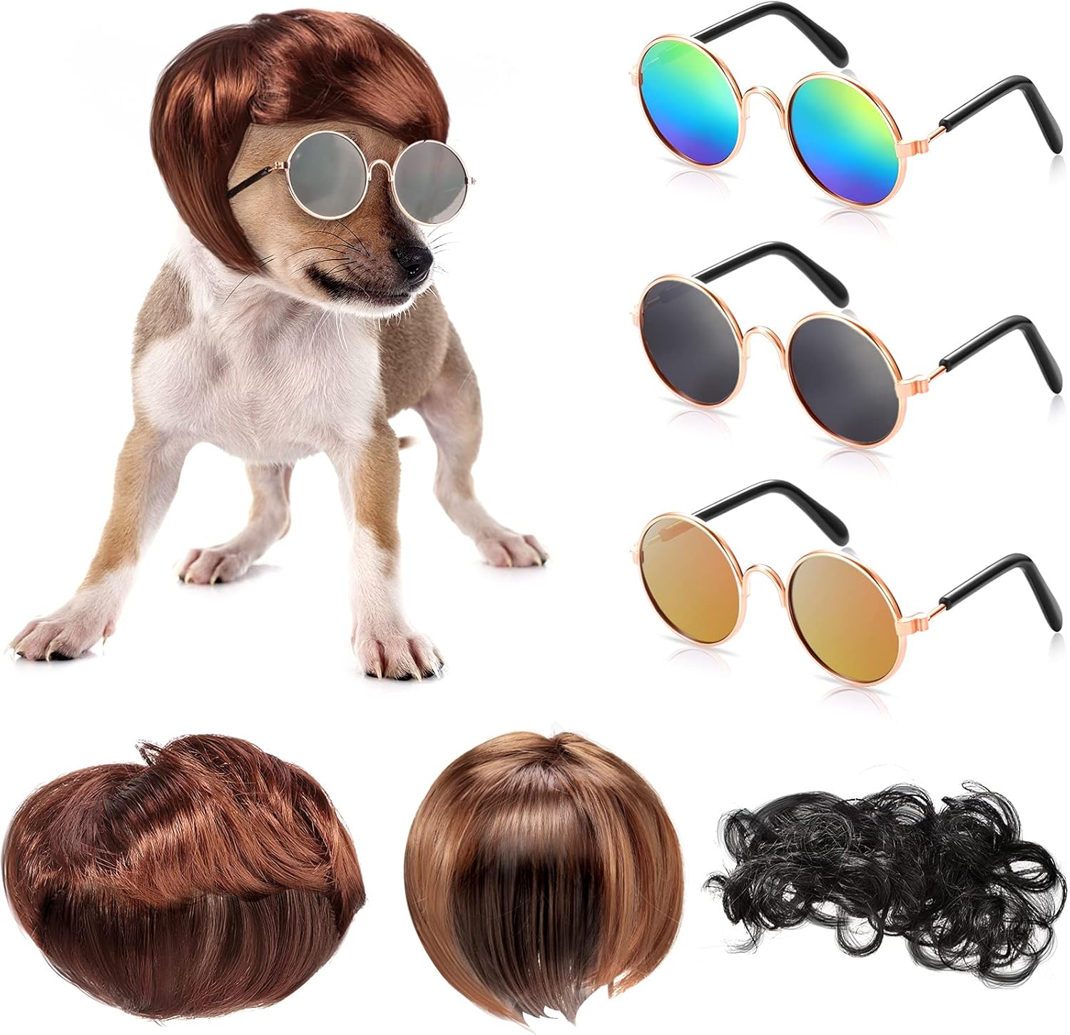 MTLEE 6 Pcs Peluca Divertida para Perro Gafas Redondas Retro Accesorios para Mascotas
