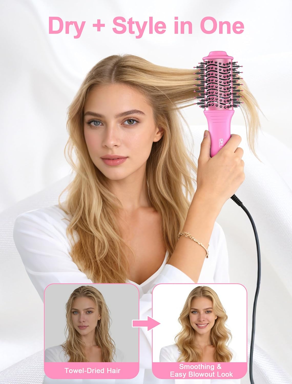Mini Travel Blow Dryer Brush for Short to Medium Hair, 2 Inch Oval Hot Air Brush with Ceramic Coating, 3 Heat Settings for Smooth, Voluminous Blowouts, 120V (Pink)